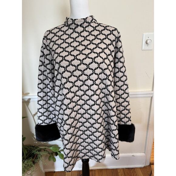 Tyler Boe Black Cream Fur Sleeves Dress Tunic Dress Stunning Mod 60s MIDI Size L - Picture 3 of 16